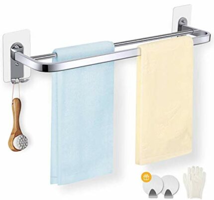 Double Towel Rail, 23in/58cm Self Adhesive or Wall Mounted Stainless Steel Towel Rack Holder with Double Hooks -2 Small Hooks and Gloves as GIFT,
