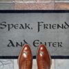 70cm x 40cm Washable Door Mat SPEAK FRIEND & ENTER JRR Tolkien - Hobbit - Lord of The Rings - Elvish by ARTISAN KISS (Light Grey Speak)