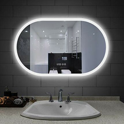 SkiPdr LED Lighted Bathroom Wall Mounted Mirror with 5500K High Lumen + CRI 95, Warm/White/Natural, Anti Fog And Dimmable Memory Touch Button + I