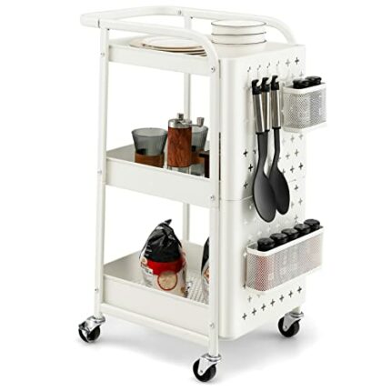 TANGZON 3-Tier Rolling Cart, Steel Storage Trolley with 2 DIY Pegboards, 2 Sizes Baskets, 4 Hooks, Handle & Locking Wheels, Mobile Utility Rack S