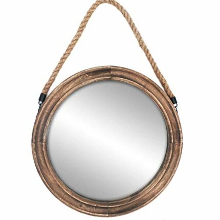 Funly mee 16.2 Inch Rustic Round Decorative Mirror with Solid Wood Frame&Rope Hanging,Farmhouse Antique Wall Decor (L)