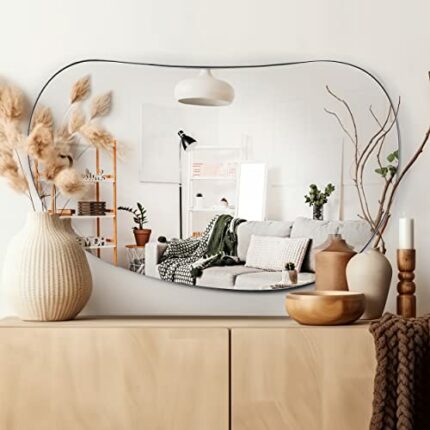 3J Group Irregular Mirror, Asymmetrical Wall Mirror Iron Framed with Pebble Design, Unique Irregular Mirror for Wall Decor, Large 35 x 21.5 Inche
