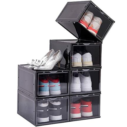 WANSEASY Drop Front Shoe Box,Set of 6,Stackable Plastic Shoe Box with Clear Door, As Shoe Storage Box and Clear Shoe Box,For Display Sneakers,Fit