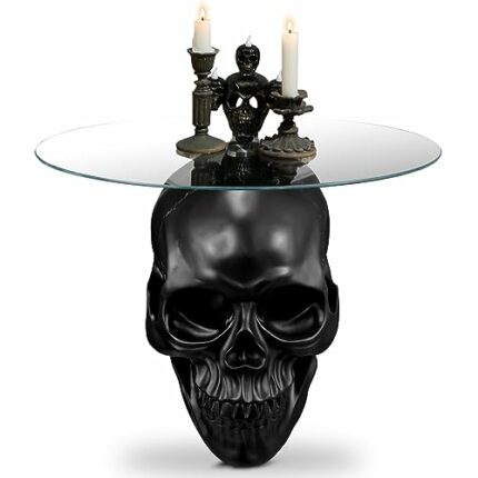 Thyle Gothic Black Skull Glass Topped Table Gothic Coffee Table Round Glass Top Spooky End Tables Gothic Pedestal Table for Furniture Living Room