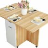 Wooden Folding Dining Table With Wheels Multifunction Desk Foldable Living Room Restaurant Kitchen Furniture Modern Simple Side End Table For Liv