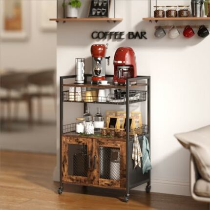 Hencawima Coffee Bar Cabinet, 3 Tier Coffee Station Table on Wheels, Bar Cart with Wire Basket Drawer & 5 Hooks for Home Kitchen, Liquor Buffet S