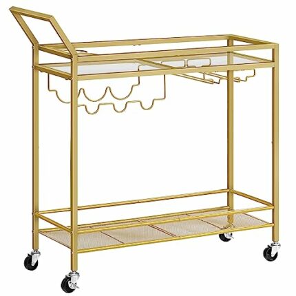 HOOBRO Drinks Trolley Gold, Bar Cart, Bar Trolley, Kitchen Trolley on Wheels, Serving Trolley with Glass Shelf, Wine Rack and Glass Holder, Home