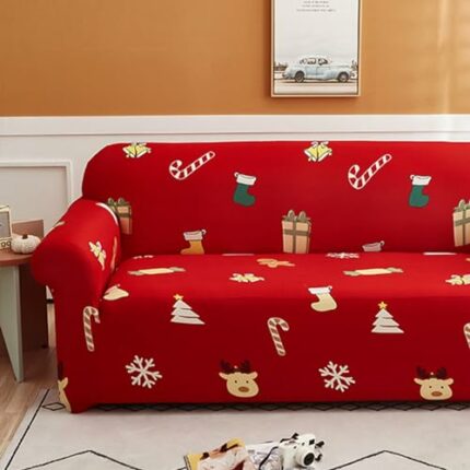 Djoymock Christmas Stretch Sofa Cover Slipcover,1-Piece Furniture Protector Couch Soft with Elastic Bottom, Red Polyester Christmas Theme Sofa Sl