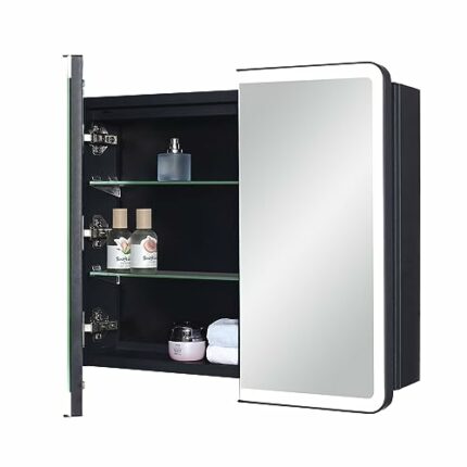 IDYLLOR LED Bathroom Medicine Cabinet with Round Corner Framed Mirror Door 22 x 20 inch, Recessed or Surface Mount, with Adjustable Glass Shelves