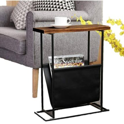 Side Table with Canvas Bag, Narrow Side Table Sofa Side Coffee Table Industrial Style Narrow Coffee Table End Table Iron Sofa End Table with Mdf