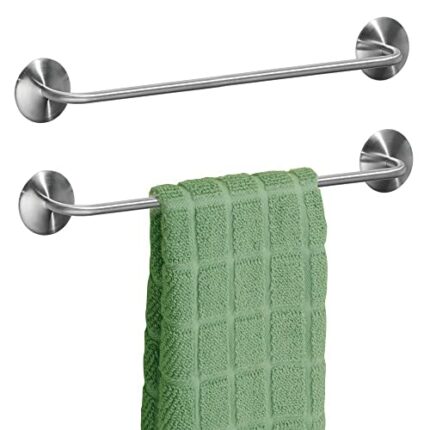 mDesign Set of 2 Self-Adhesive Kitchen Towel Rail - Durable Steel Dish Cloth and Towel Rack - Stick-On Towel Holders for the Kitchen - Matte Silv