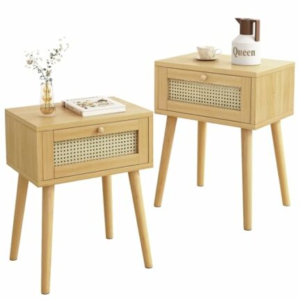 Fixwal Nightstand Set of 2, Small Mid-Century End Table with Rattan Door, Rattan-Like Bedside Table with Storage Space, Boho Side Table for Bedro