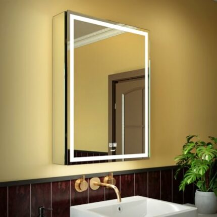 GANPE LED Lighted Bathroom Medicine Mirror Cabinet, Anti-Fog 3-Color Mode Dimmable Storage Shelves, Outlets & USBs (50 x 70 cm)