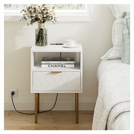 AEPOALUA Nightstand with Charging Station,Small Bedside Table with Drawer,White Night Stand,Bedside Furniture,End Table with Gold Frame,Drawer Dr