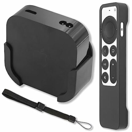 Pinowu TV Mount Compatible with 2022 Apple TV 4K 3RD Gen, Wall Mount Bracket Holder with Black Silicone Remote Protective Case Compatible with Ap