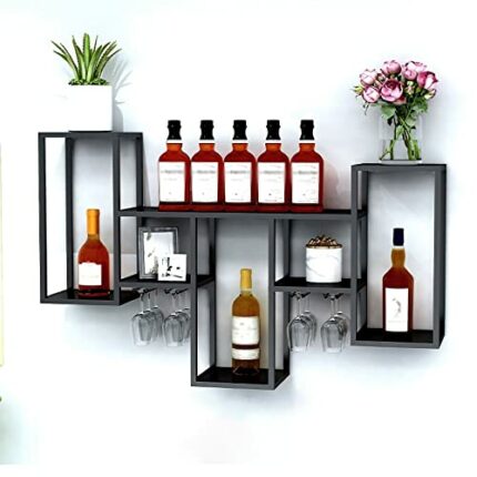 EYLINK Industrial Wall Mounted Wine Racks 41.7in Metal Hanging Wine Rack with Glass Holder, Wrought Iron Shelves Decorative Display Rack, for Bar