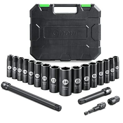 ginour 19PCS Drive Master Deep Impact Socket Set 1/2-Inch, 8mm - 24mm, Metric, CR-V, 6 Point, with 3pcs Drive Impact Extension Bar Set 3", 5",10"