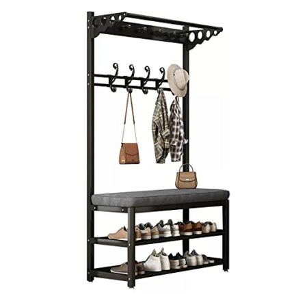 Coat rack with bench, free-standing coat rack with shoe rack 2 shelves, multifunctional metal frame clothes rack with 9 hooks, industrial design,