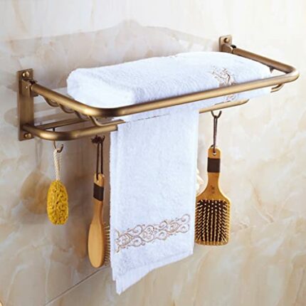 HIGOH Towel Racks, Bathroom Towel Rack Wall Mounted Towel Holder,Antique Multifunctional Folding Bath Towel Rack,All Copper Hook Towel Shelf,Euro