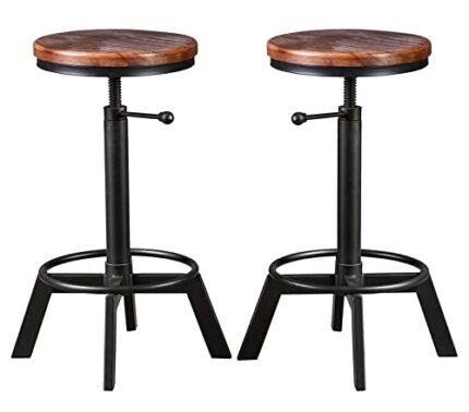 LOKKHAN Industrial Bar Stool-Set of 2, 24"-27.5" Adjustable Counter Height Swivel Round Wood Metal Stool,Farmhouse Kitchen Dining Breakfast Stool