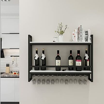 EYLINK Black Wine Rack Wall Mounted Wine Bottle Holder ，Iron Champagne Stemware Glasses Storage Shelf Kitchen Metal Floating Organizer Shelves Wi