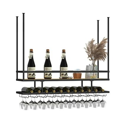 EYLINK Adjustable Height Hanging Wine Rack, Metal and Solid Wood Ceiling Bottle Rack with Stemware Glass Shelf, for Under Cabinet, Kitchen, Bar,