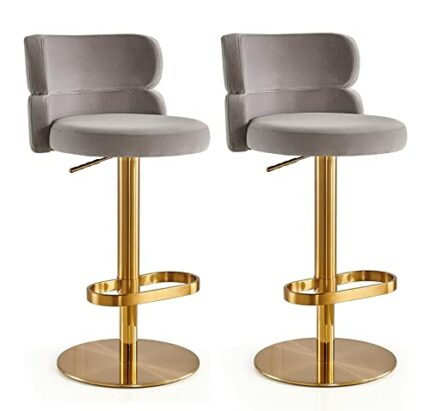Gray Velvet Swivel Barstools Set of 2 Adjustable High Breakfast Bar Stools with Back Armless Counter Hight Bar Chairs Stainless Steel Titanium Go