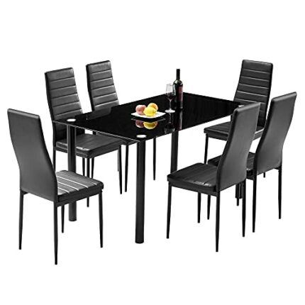 DINGZZ 6-Seater Dining Table Chair Set Includes 1 Tempered Glass Dining Table + 6 High Backrest Dining Chairs Black