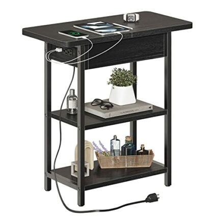End Table with Charging Station, Narrow Side Table with USB Ports and Outlets, Flip Top Nightstand / Bedside Table / Sofa Couch Table for Small S