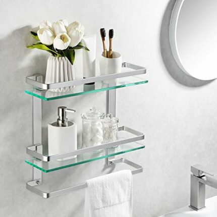 KES Bathroom Glass Shelf 2 Tier Tempered Glass Shelf Rectangular with Towel Rail Wall Mounted Aluminum Finish, A4127B