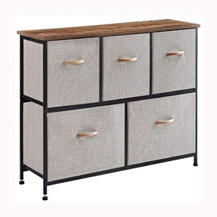 FGHOEV 5 Drawer Dresser Storage Organizer Cabinet For Bedroom Living Room Hallway Entryway Closet With Wide Sturdy Steel Frame Wood Top
