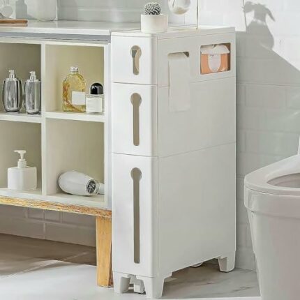 Narrow Bathroom Floor Cabinet for Gaps, Slim Drawer Storage Tower with 4 Drawer and 2 Casters Standing Cabinet Toilet Side Storage Bathroom Tall