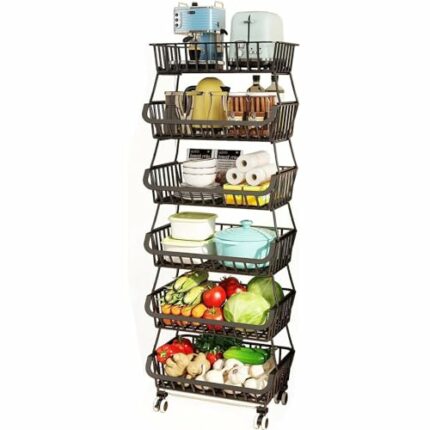 BRIAN & DANY 6 Tier Vegetable Storage Rack, Stackable Fruit Vegetable Stand with Lockable Casters and 5 S-Hooks for Kitchen, Pantry, Bathroom, Ga