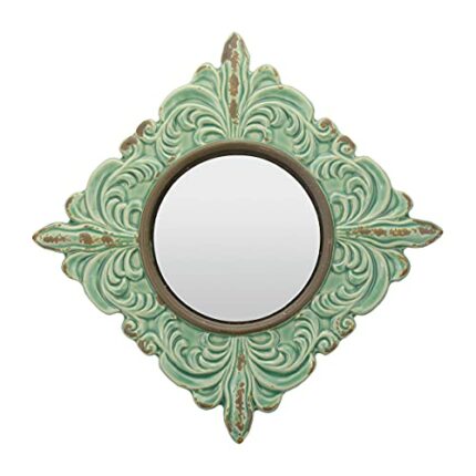Stonebriar Decorative 11.3 x 11.3 Inch Antique Green Diamond Shape Ceramic Accent Wall Mirror with Attached Hanging Loop, Vintage Decor for The L