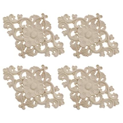 4PCS Wood Carved Appliques Unpainted Onlay Furniture Ornament Wooden Flower Shape Decoration for Home Furniture Wall Cabinet Door Mirror 15x10.5c