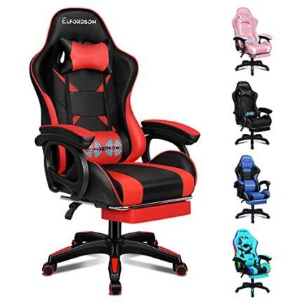 ELFORDSON Gaming Chair with 2-Point Massage Cushion, Computer Chairs for Home Office, Head Pillow High Back 150° Recliner, for Kids Adults, Red a