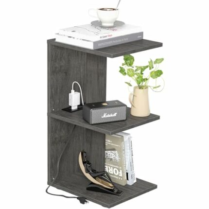 Fixwal End Table with Charging Station, Modern 3-Tier Narrow Side Table, Bedside Table with USB Ports and Outlets, Rolling Bedside Nightstand wit