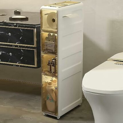 Tall Narrow Bathroom Floor Cabinet, Upgrade Thickness Plastic Toilet Side Storage Cabinet with Clear Drawers and Casters Narrow Dresser Tower for