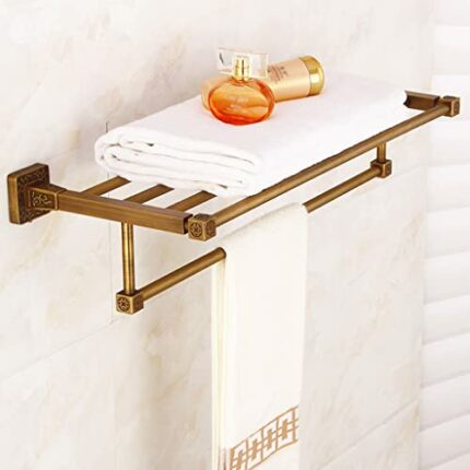 HIGOH Towel Racks,Bathroom Towel Rack Wall Mounted Towel Holder,Bathroom Accessories,Brass Antique Bronze Carved Square Bath Hardware,Towel Rack,