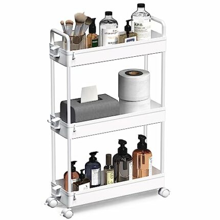 SOLEJAZZ 3-Tier Storage Trolley Cart Slide-out Slim Rolling Utility Cart Mobile Storage Shelving Organizer for Kitchen, Bathroom, Laundry Room, B