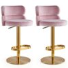 Pink Velvet Swivel Barstools Set of 2 Counter Bar Chair Adjustable High Bar Stools with Backs Armless Kitchen Island Hight Stainless Steel Titani