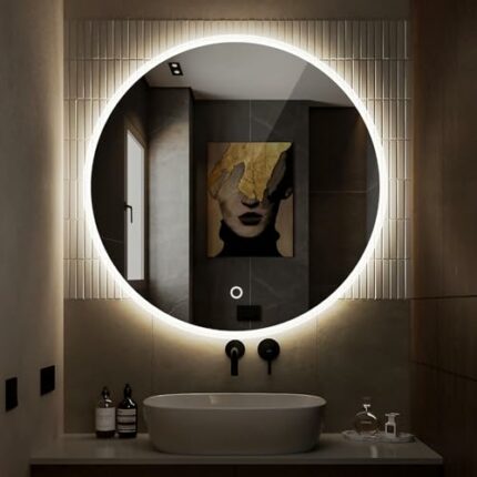 S·BAGNO 600mm Diameter Modern Round Illuminated LED Bathroom Mirror, with Built-in Bluetooth Speaker, Dimming Function, Demister pad and Touch Se