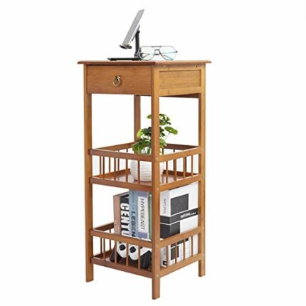 FATIVO Retro Bedside Table 2-Tier Square Nightstand with Drawer Sturdy Bamboo Sofa End Table Indoor Plant Display Table Coffee Side Table for Liv