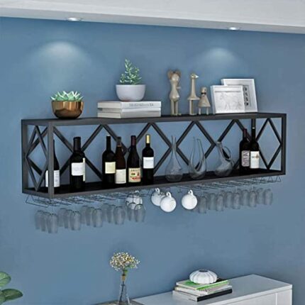 SUCHETA Wine Rack Bar Unit Floating Shelves Wall-Mounted Inverted Wine Glass Rack Multifunctional Iron Bottle Holder Simple Hanging Goblet Rack W