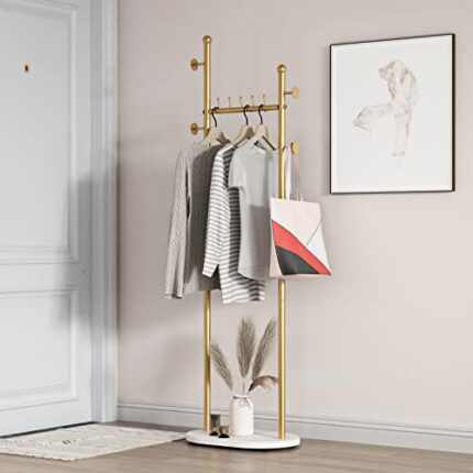 Smlttel Gold Clothing Rack With Shelves, Gold Coat Rack Freestanding with Marble Base, Coat Hanger Rack,Hat Tree Coat Rack Standing Clothes Racks