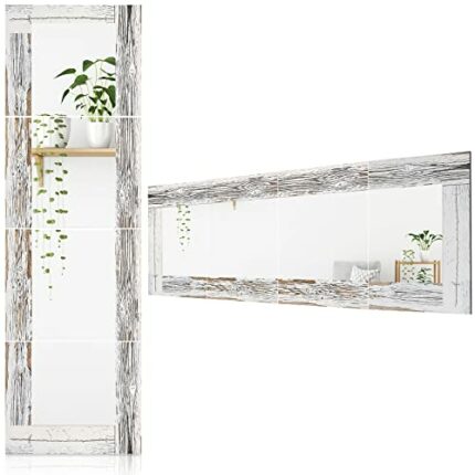 Rustic Wooden Framed Wall Mirror 44 x 13.8 inches Acrylic Full Length Mirror Tiles Whitewash Leaner Mirror for Farmhouse Decor Home Bedroom, Vert