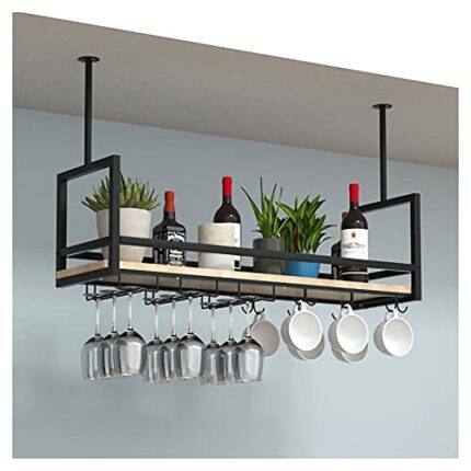 KEppd Metal Ceiling Mount Wine Rack, Bar Ceiling Hanging Decorative Storage Rack with Guardrail, Easy to Install, for Restaurant Kitchen, Length