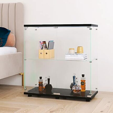 Beauty4U Glass Display Cabinet with 2 Shelves, 2 Doors Curio Cabinets for Living Room, Bedroom, Office, Black Floor Standing Glass Bookshelf, Qui