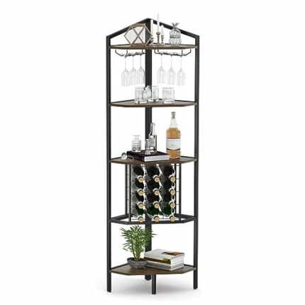 HIDODO 5-Tier Corner Bar Cabinet, Corner Wine Rack with Glass Holder and Storage Shelf, Wine Racks Free Standing Floor for Dining Room, Kitchen,