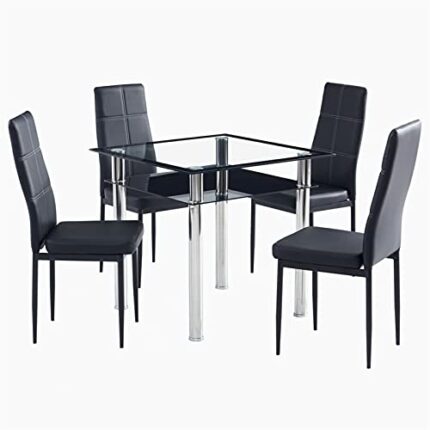 DINGZZ Double-layer Square Tempered Glass Stainless Steel Cylindrical Leg 80 * 80 * 75cm Dining Table Set or 4pcs Dining Chairs